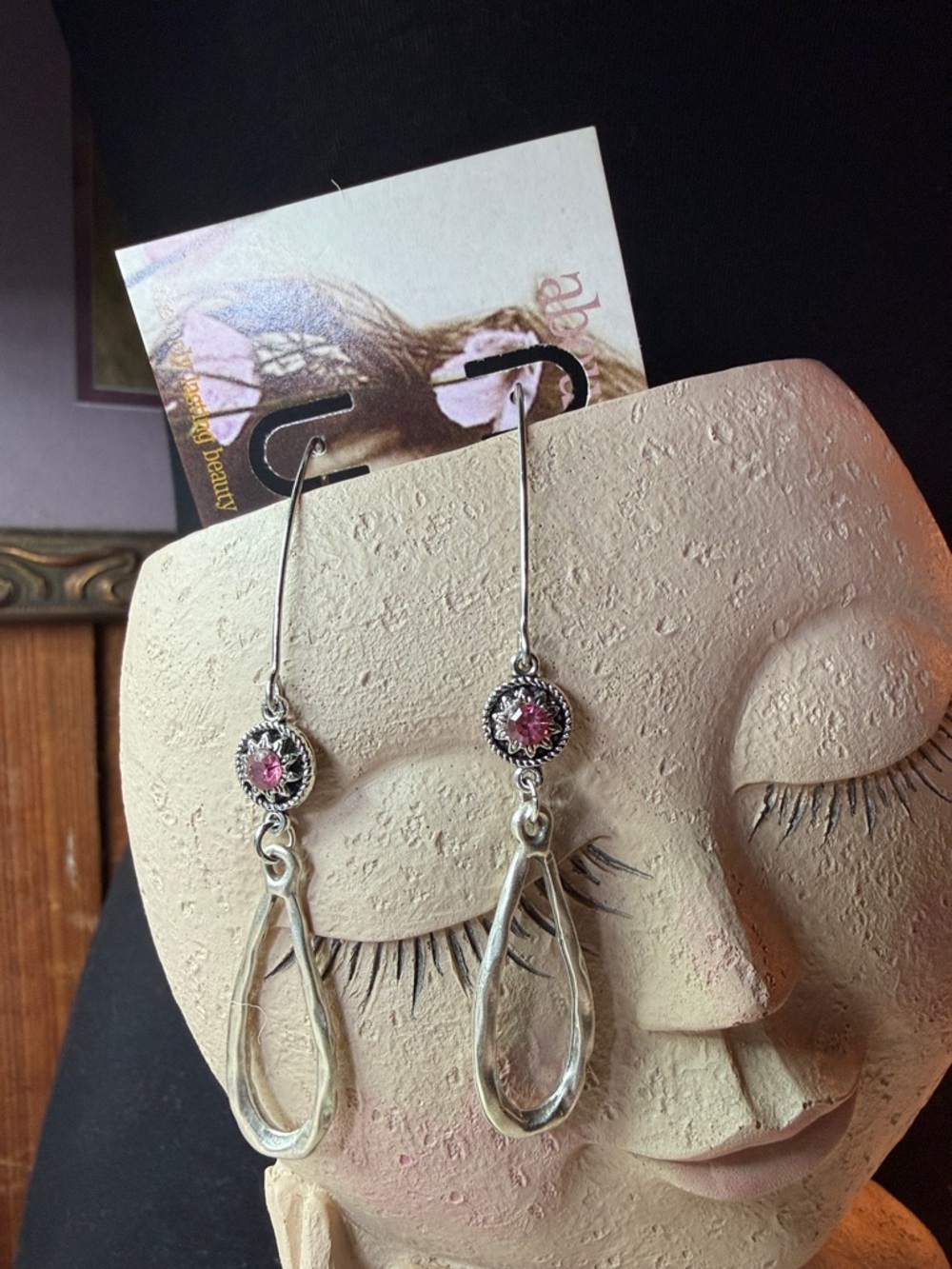 Silver Drop Earrings with Pink Crystal Accent